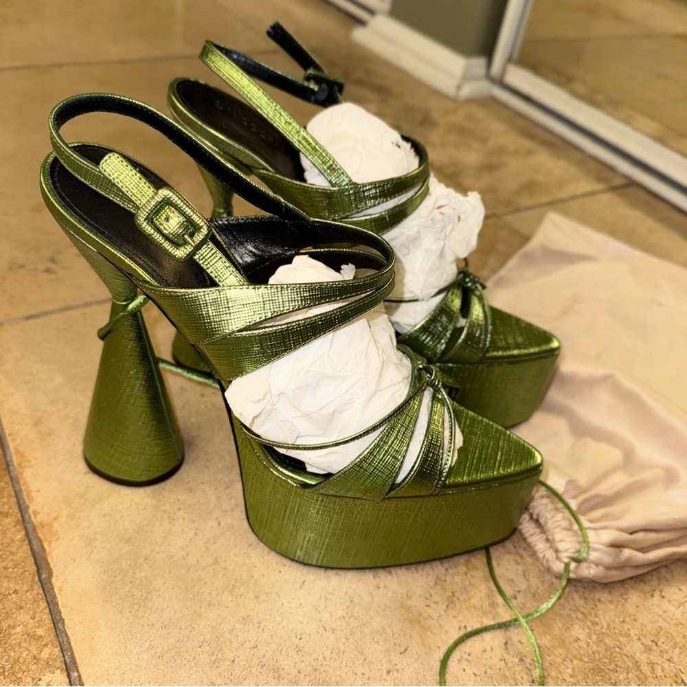 D’ACCORI Belle Platform Sandals Green Metallic Cone Heel Lace Up 39.5  - NEW!